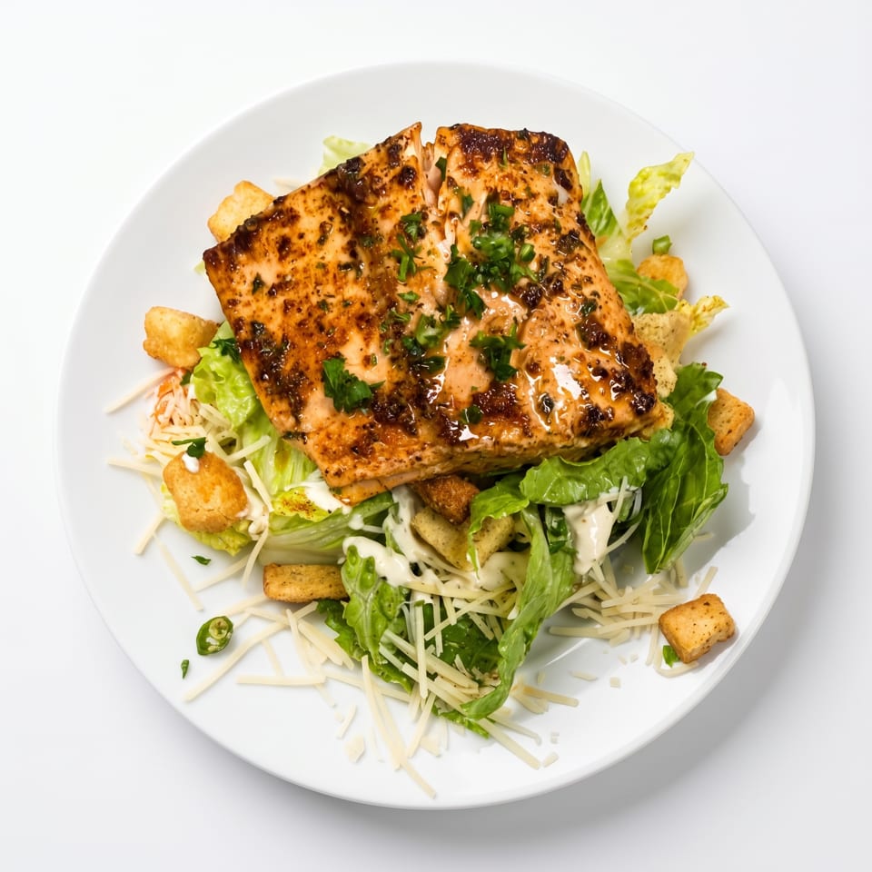 Grilled salmon Caesar salad with croutons, shredded cheese, and dressing on a white plate.