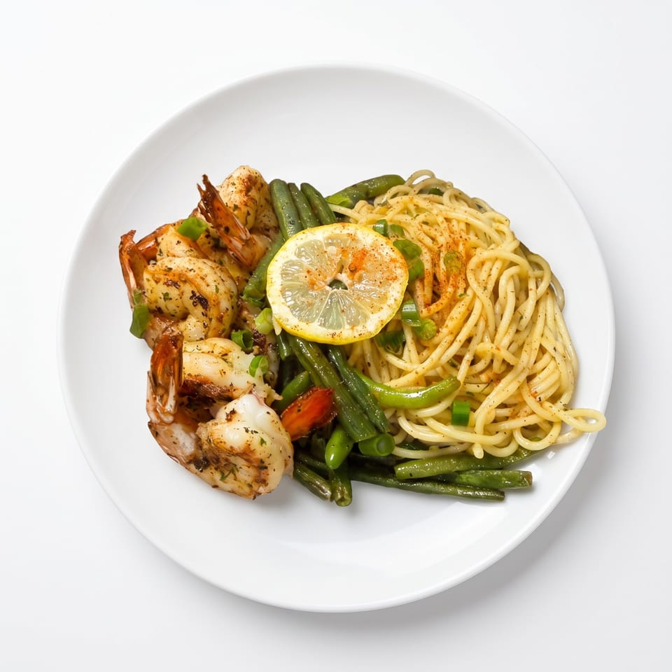 Grilled shrimp, green beans, and pasta with a lemon slice and paprika on a white plate.